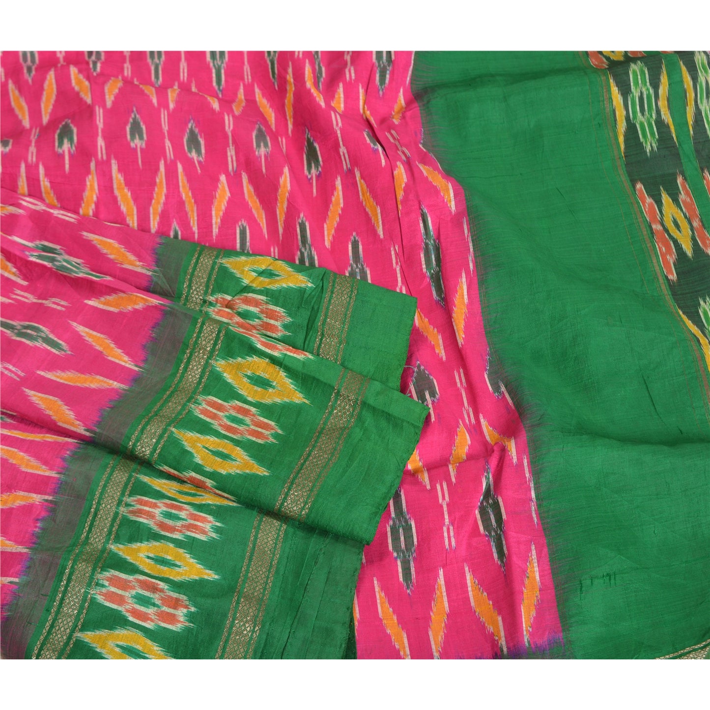 Sanskriti Vintage Pochampally Pink Ikat Woven Sarees Pure Silk Sari Craft Fabric