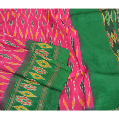 Sanskriti Vintage Pochampally Pink Ikat Woven Sarees Pure Silk Sari Craft Fabric