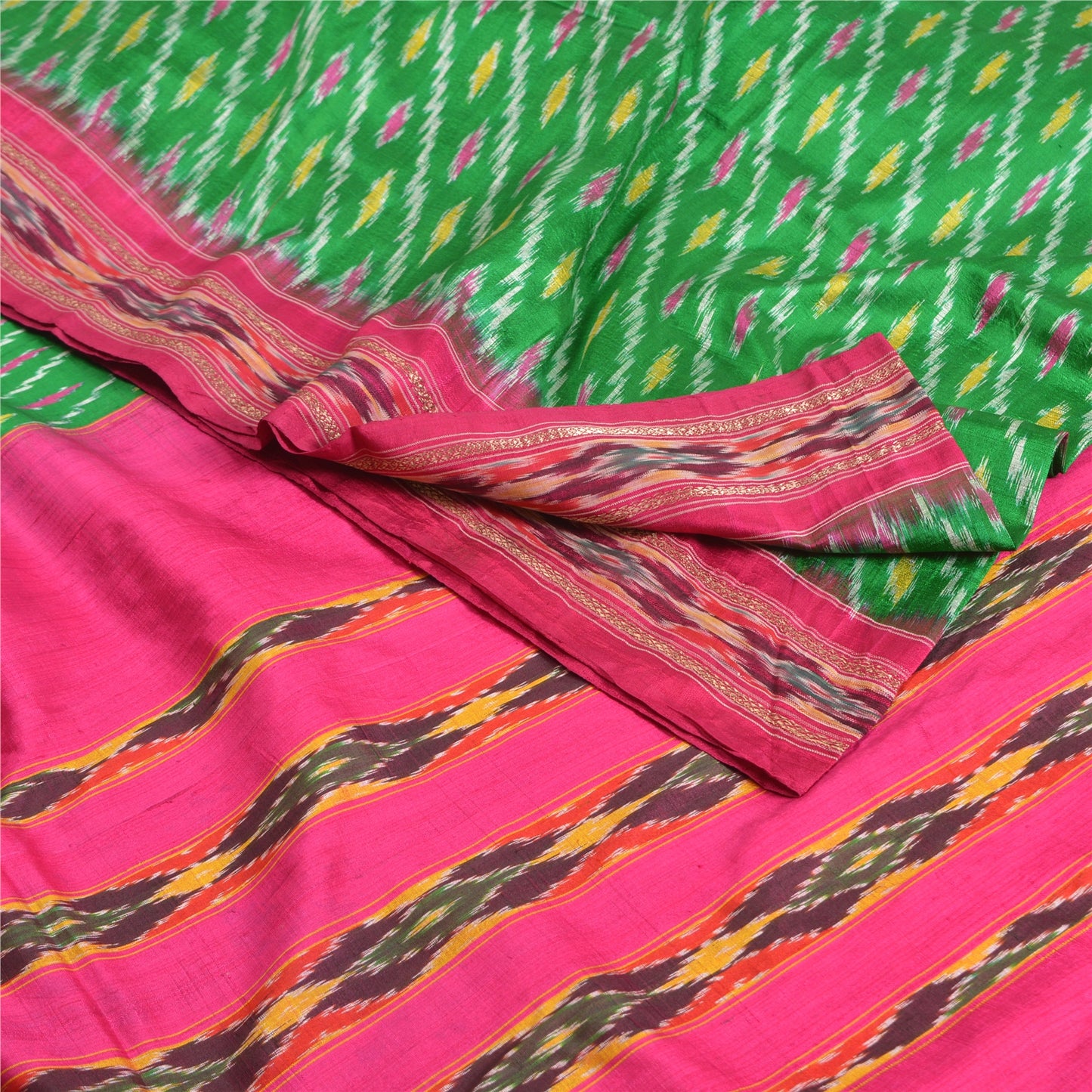 Sanskriti Vintage Sari 100% Pure Silk Green & Pink Pochampally Hand Woven Ikat Sarees 5Yd Craft Fabric Decor, Women Floral Outfit, Scrap