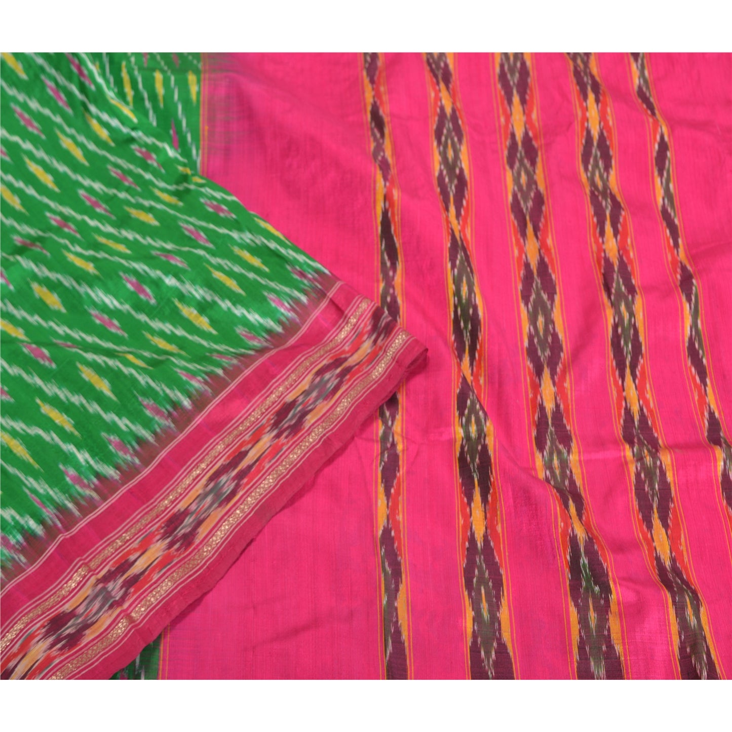 Sanskriti Vintage Sari 100% Pure Silk Green & Pink Pochampally Hand Woven Ikat Sarees 5Yd Craft Fabric Decor, Women Floral Outfit, Scrap