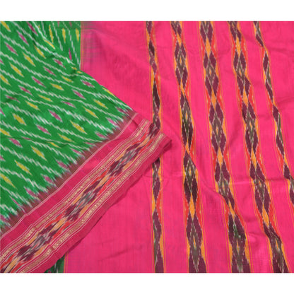 Sanskriti Vintage Sari 100% Pure Silk Green & Pink Pochampally Hand Woven Ikat Sarees 5Yd Craft Fabric Decor, Women Floral Outfit, Scrap