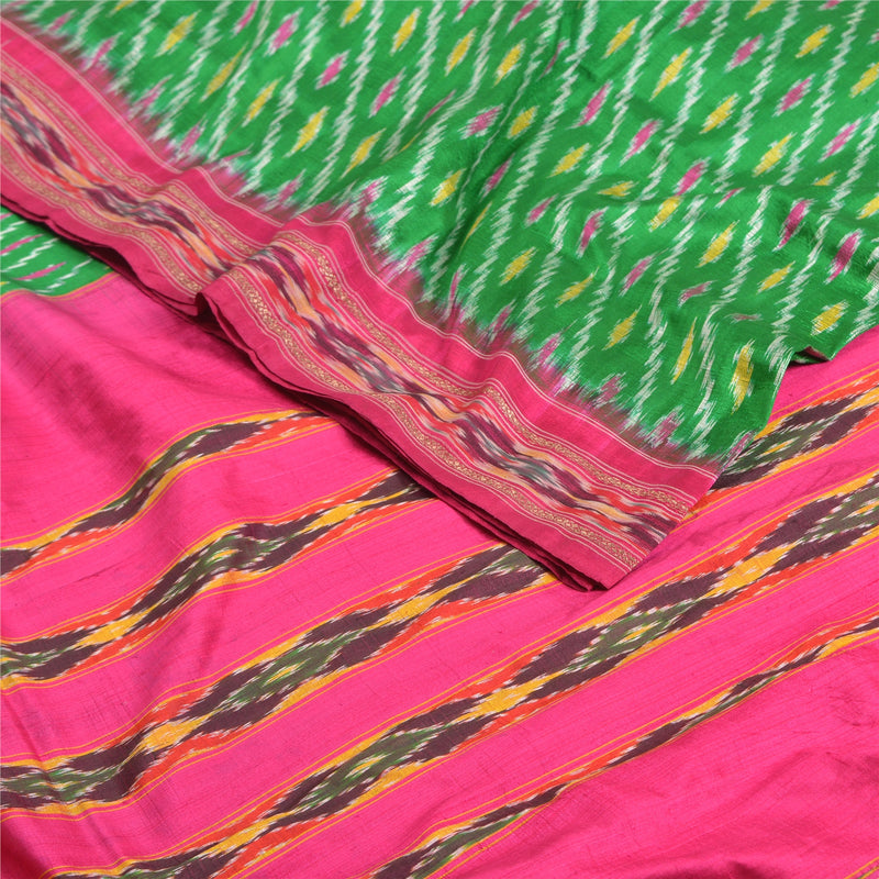 Sanskriti Vintage Sari 100% Pure Silk Green & Pink Pochampally Hand Woven Ikat Sarees 5Yd Craft Fabric Decor, Women Floral Outfit, Scrap