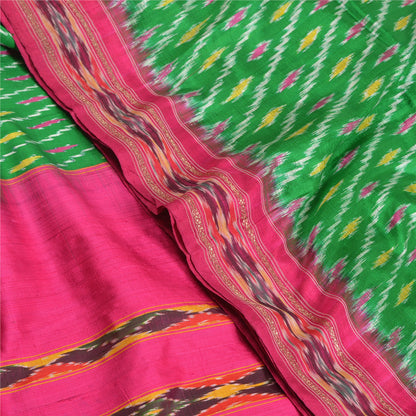 Sanskriti Vintage Sari 100% Pure Silk Green & Pink Pochampally Hand Woven Ikat Sarees 5Yd Craft Fabric Decor, Women Floral Outfit, Scrap