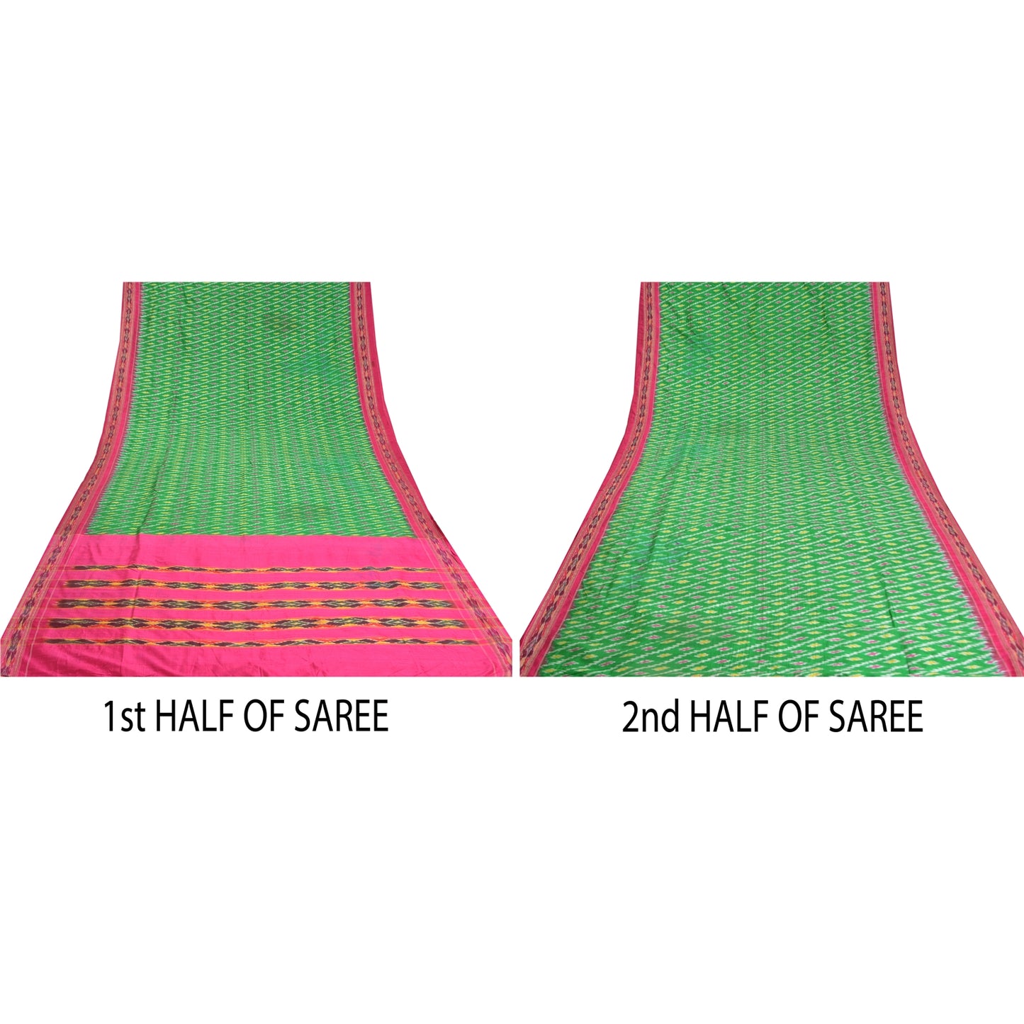Sanskriti Vintage Sari 100% Pure Silk Green & Pink Pochampally Hand Woven Ikat Sarees 5Yd Craft Fabric Decor, Women Floral Outfit, Scrap
