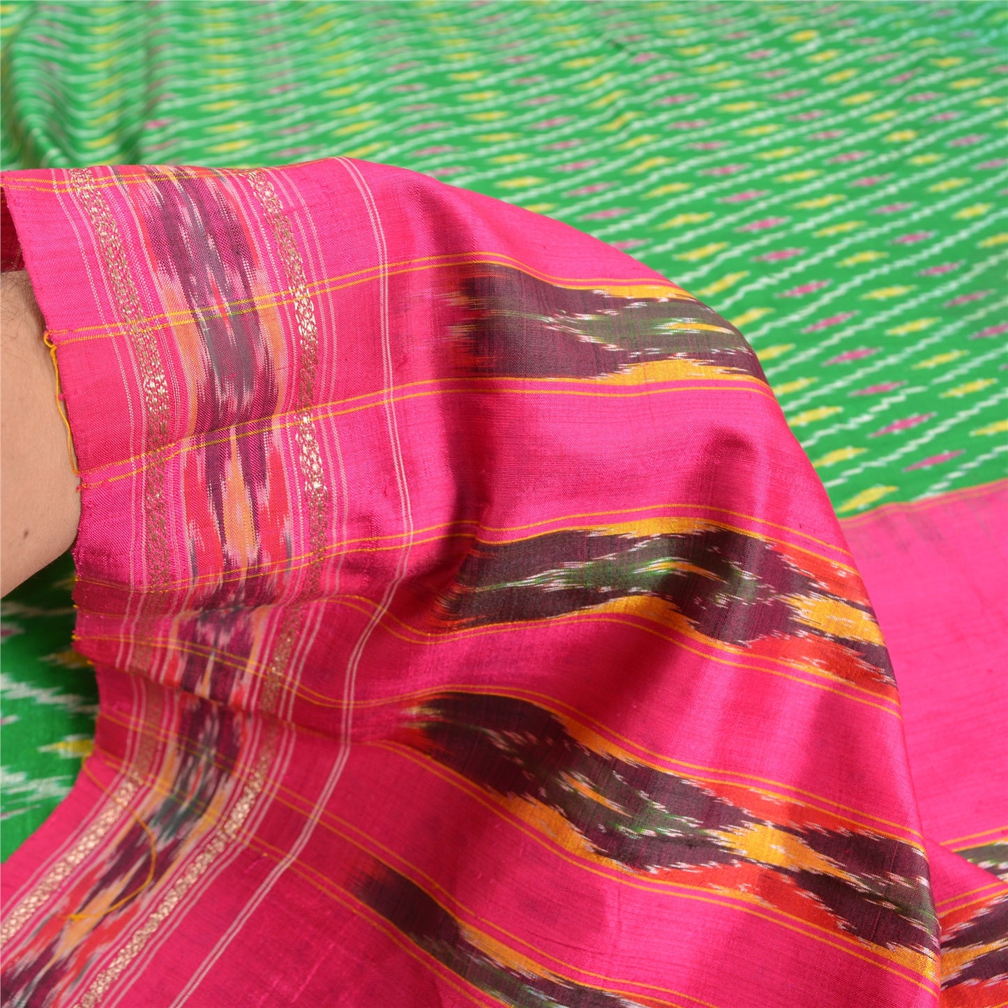 Sanskriti Vintage Sari 100% Pure Silk Green & Pink Pochampally Hand Woven Ikat Sarees 5Yd Craft Fabric Decor, Women Floral Outfit, Scrap