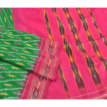 Sanskriti Vintage Sari 100% Pure Silk Green & Pink Pochampally Hand Woven Ikat Sarees 5Yd Craft Fabric Decor, Women Floral Outfit, Scrap