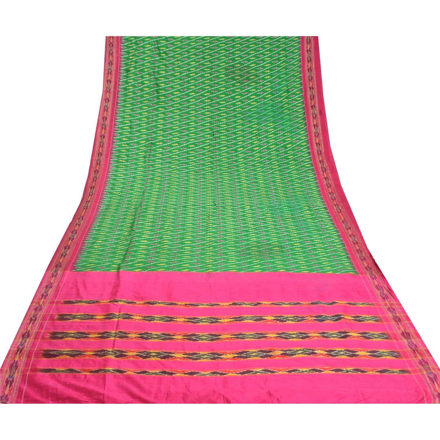 Sanskriti Vintage Sari 100% Pure Silk Green & Pink Pochampally Hand Woven Ikat Sarees 5Yd Craft Fabric Decor, Women Floral Outfit, Scrap