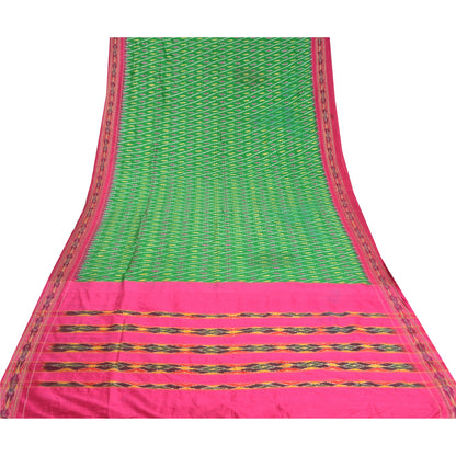 Sanskriti Vintage Sari 100% Pure Silk Green & Pink Pochampally Hand Woven Ikat Sarees 5Yd Craft Fabric Decor, Women Floral Outfit, Scrap