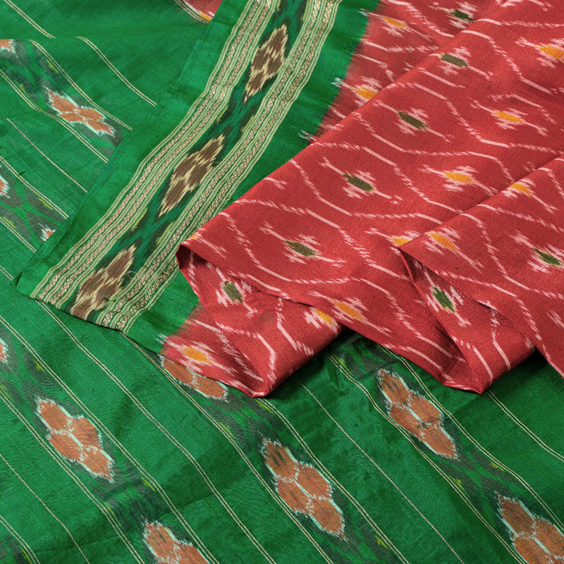 Sanskriti Vintage Saree 100% Pure Silk Red & Green Pochampally Of India Woven Ikat Sarees Craft 5 Yd Fabric Create-Floral Dresses, Skirts, Projects