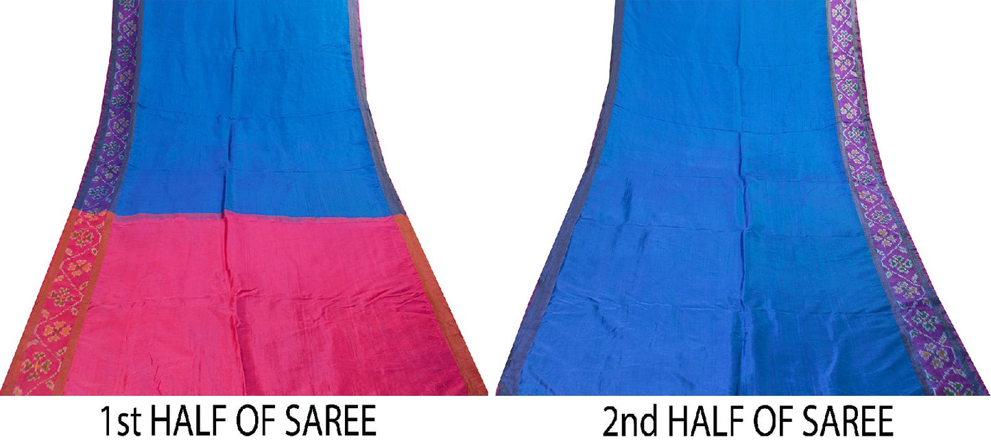 Sanskriti Vintage Blue Woven Ikat Patola Saree Blend Silk Sari Craft Soft Sustainable Fabric