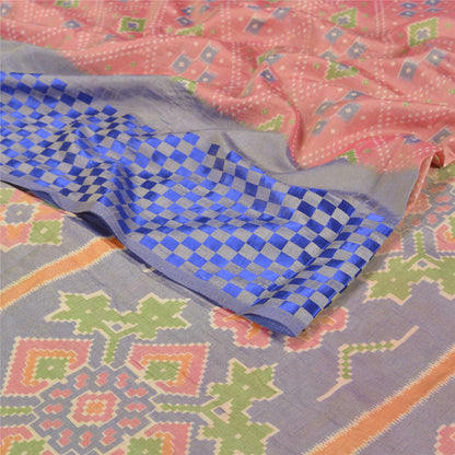 Sanskriti Vintage Pink Sarees Art Silk Ikat Hand Woven Patan Patola Sari Fabric