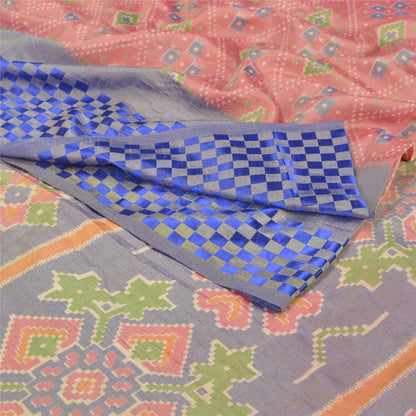 Sanskriti Vintage Pink Sarees Art Silk Ikat Hand Woven Patan Patola Sari Fabric
