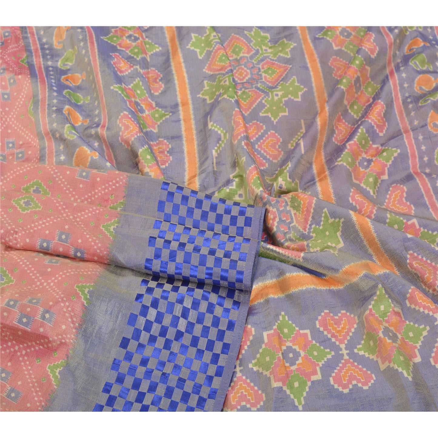 Sanskriti Vintage Pink Sarees Art Silk Ikat Hand Woven Patan Patola Sari Fabric