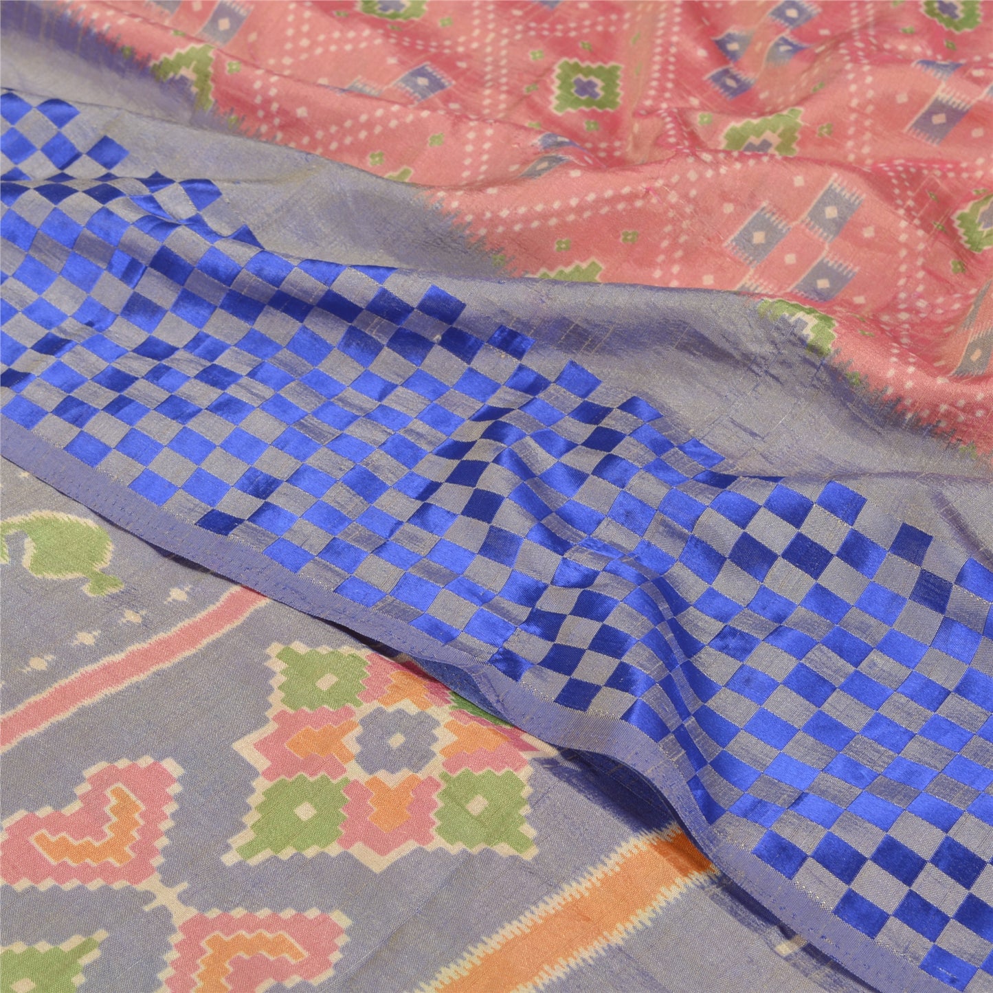 Sanskriti Vintage Pink Sarees Art Silk Ikat Hand Woven Patan Patola Sari Fabric