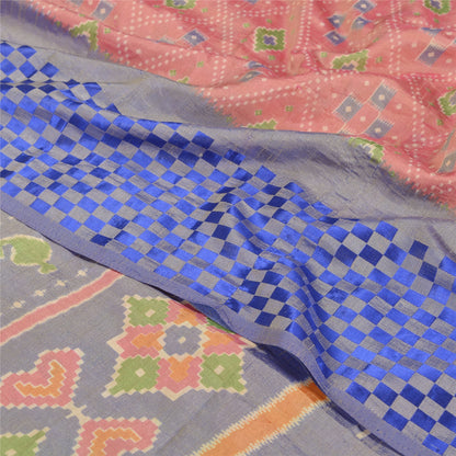 Sanskriti Vintage Pink Sarees Art Silk Ikat Hand Woven Patan Patola Sari Fabric