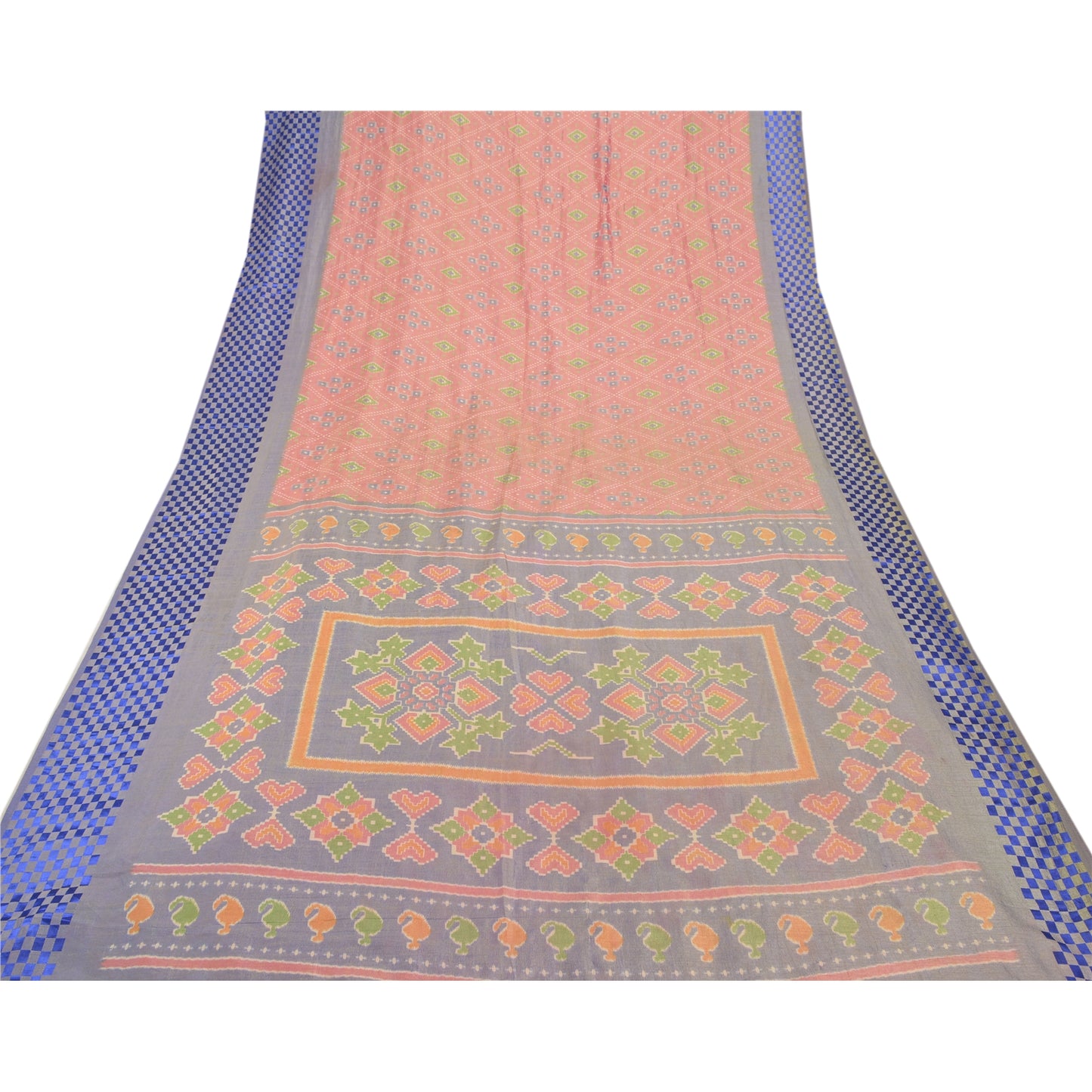 Sanskriti Vintage Pink Sarees Art Silk Ikat Hand Woven Patan Patola Sari Fabric