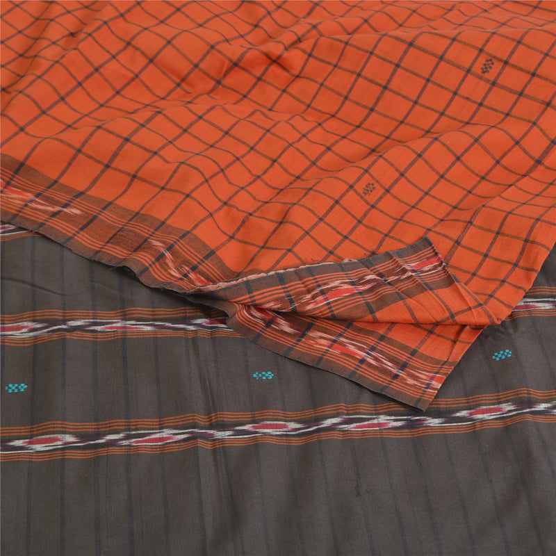 Sanskriti Vintage Saree Blend Cotton Rare Saree Ikat Odisha Ikat Handwoven Orange & Black Sari 5+Yd Fabric Indian Upcycled Remnant