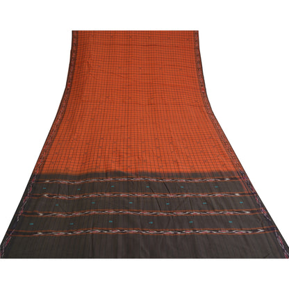 Sanskriti Vintage Rare Saree Ikat Handwoven Blend Cotton Orange Sari 5yd Sustainable Fabric