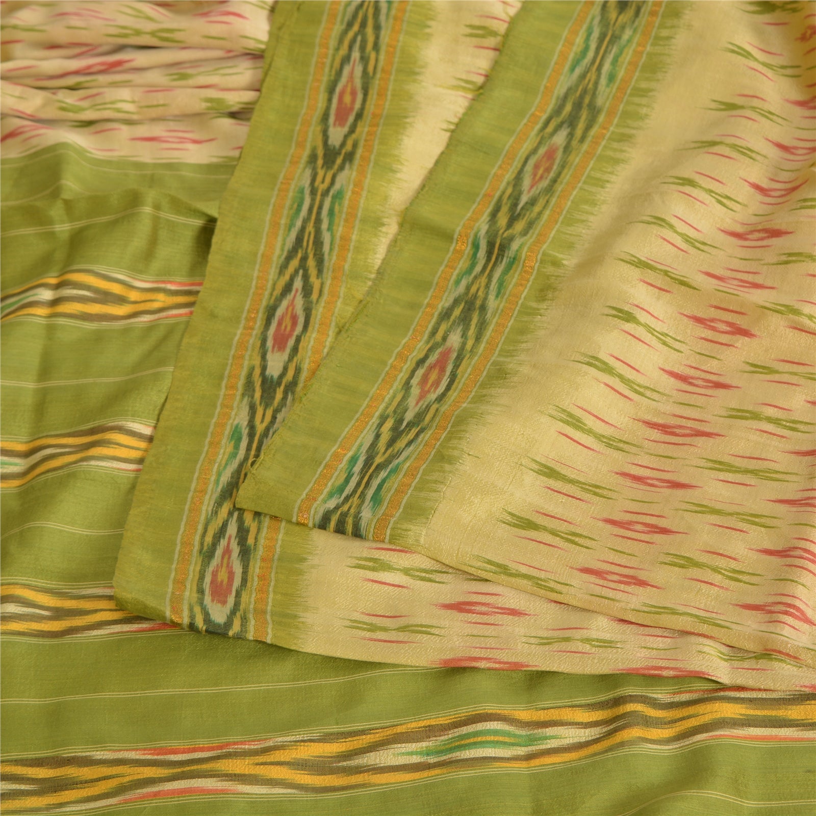 Sanskriti Vintage Cream Pochampally Sarees Pure Silk Ikat Woven Work Ikat Sari