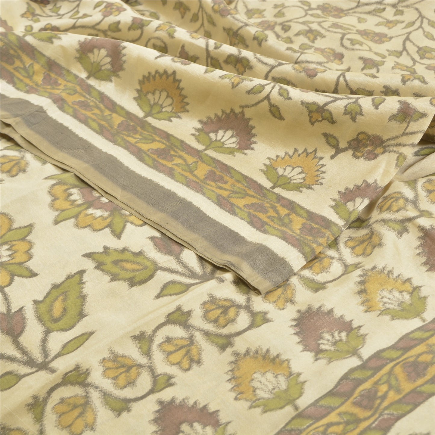 Sanskriti Vintage Sarees Cream Ikat Handwoven Pure Cotton Sambhalpuri 5+yd Sari