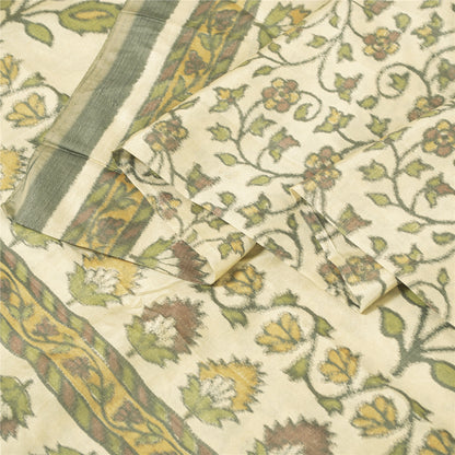 Sanskriti Vintage Sarees Cream Ikat Handwoven Pure Cotton Sambhalpuri 5+yd Sari