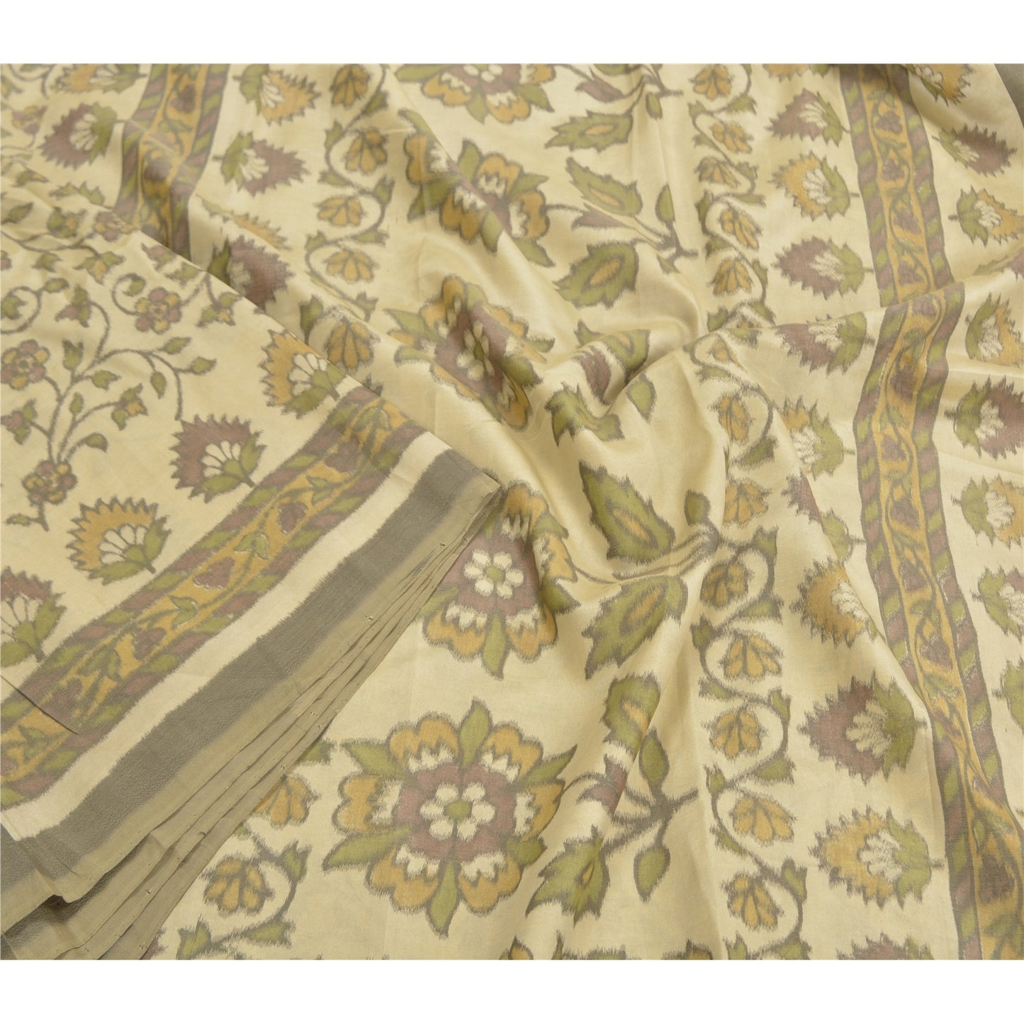 Sanskriti Vintage Sarees Cream Ikat Handwoven Pure Cotton Sambhalpuri 5+yd Sari