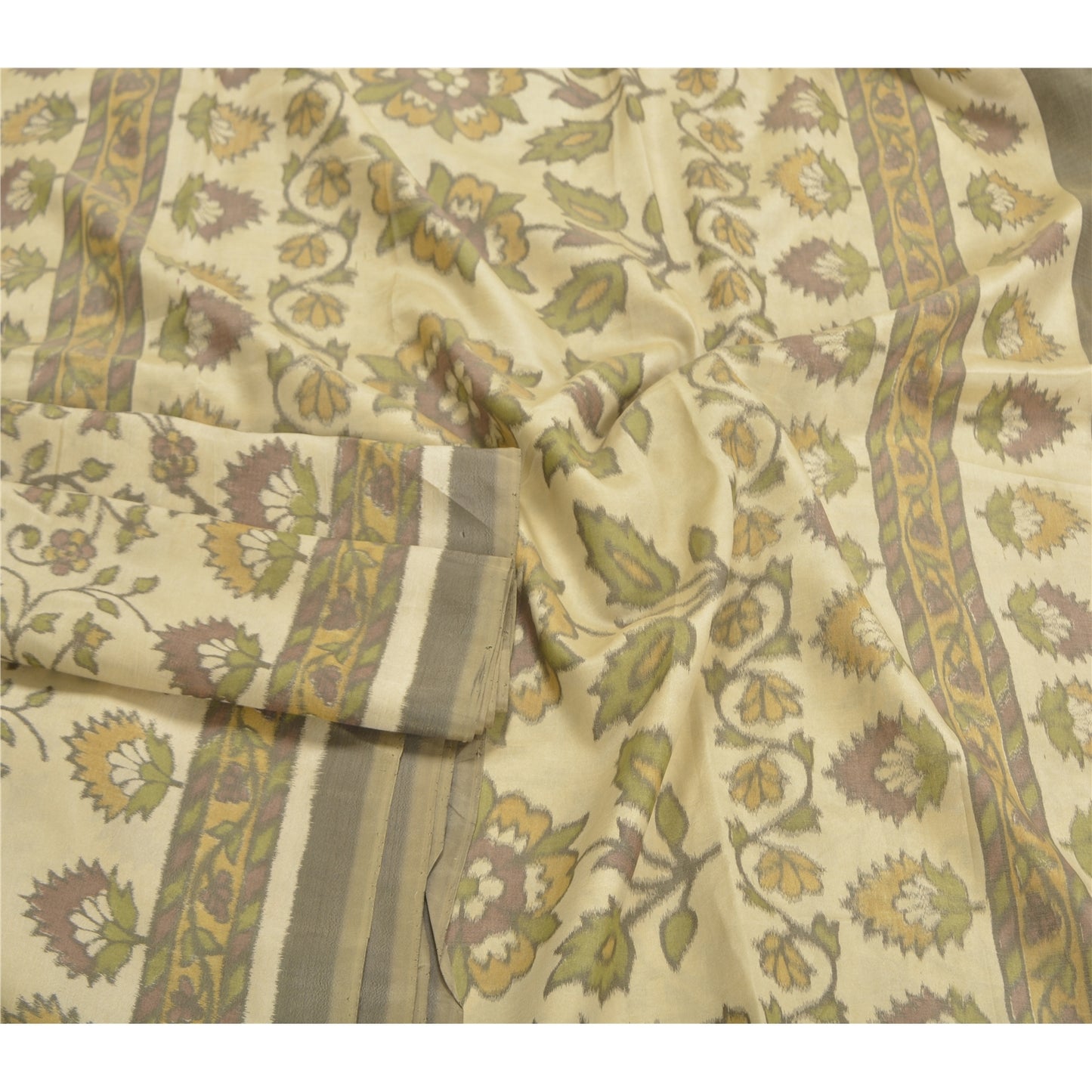 Sanskriti Vintage Sarees Cream Ikat Handwoven Pure Cotton Sambhalpuri 5+yd Sari