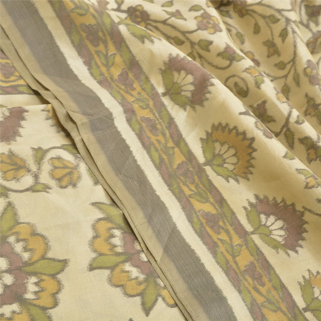 Sanskriti Vintage Sarees Cream Ikat Handwoven Pure Cotton Sambhalpuri 5+yd Sari