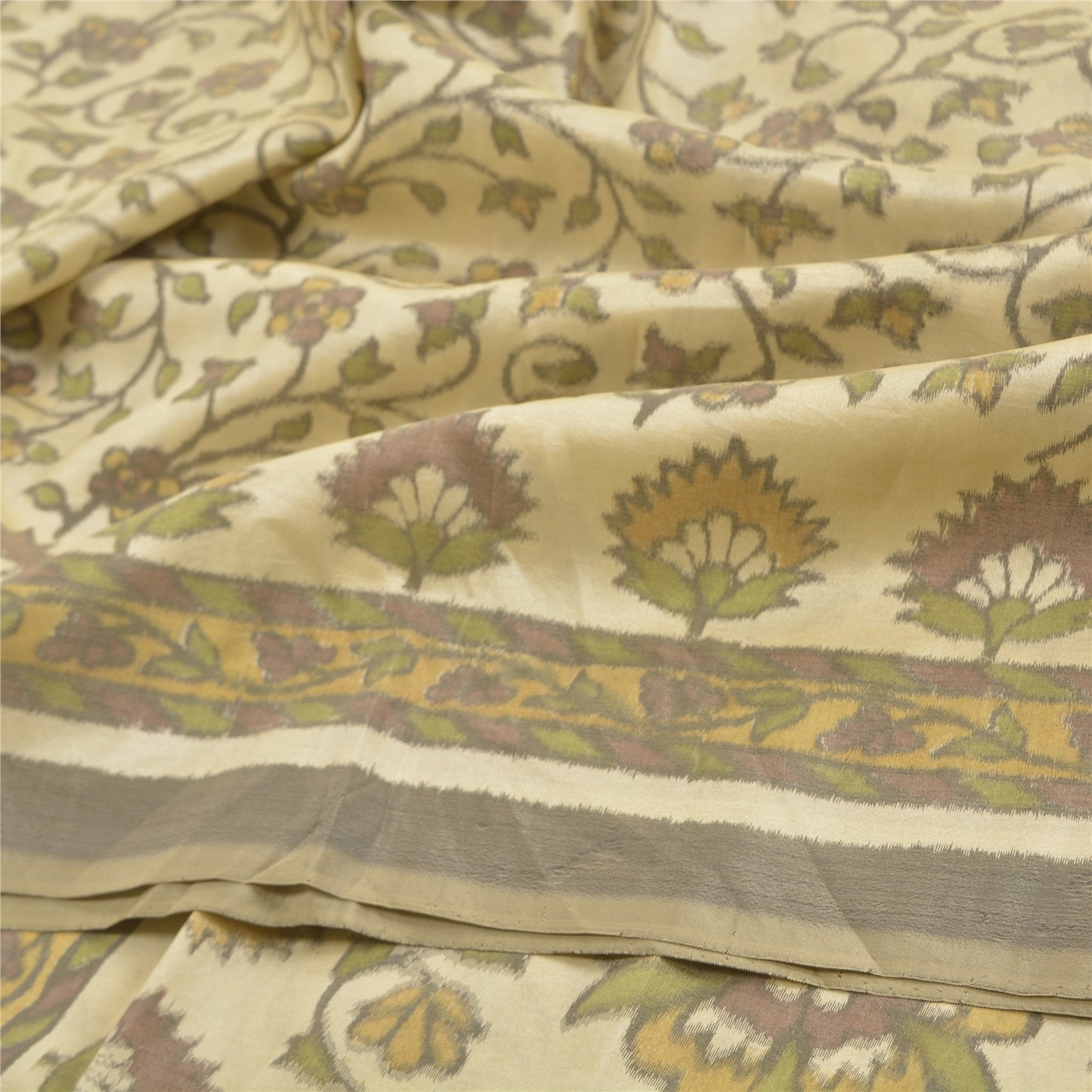 Sanskriti Vintage Sarees Cream Ikat Handwoven Pure Cotton Sambhalpuri 5+yd Sari