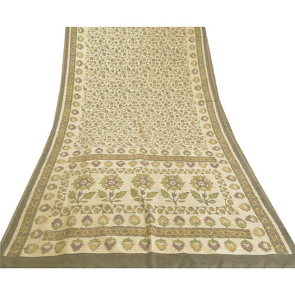 Sanskriti Vintage Sarees Cream Ikat Handwoven Pure Cotton Sambhalpuri 5+yd Sari