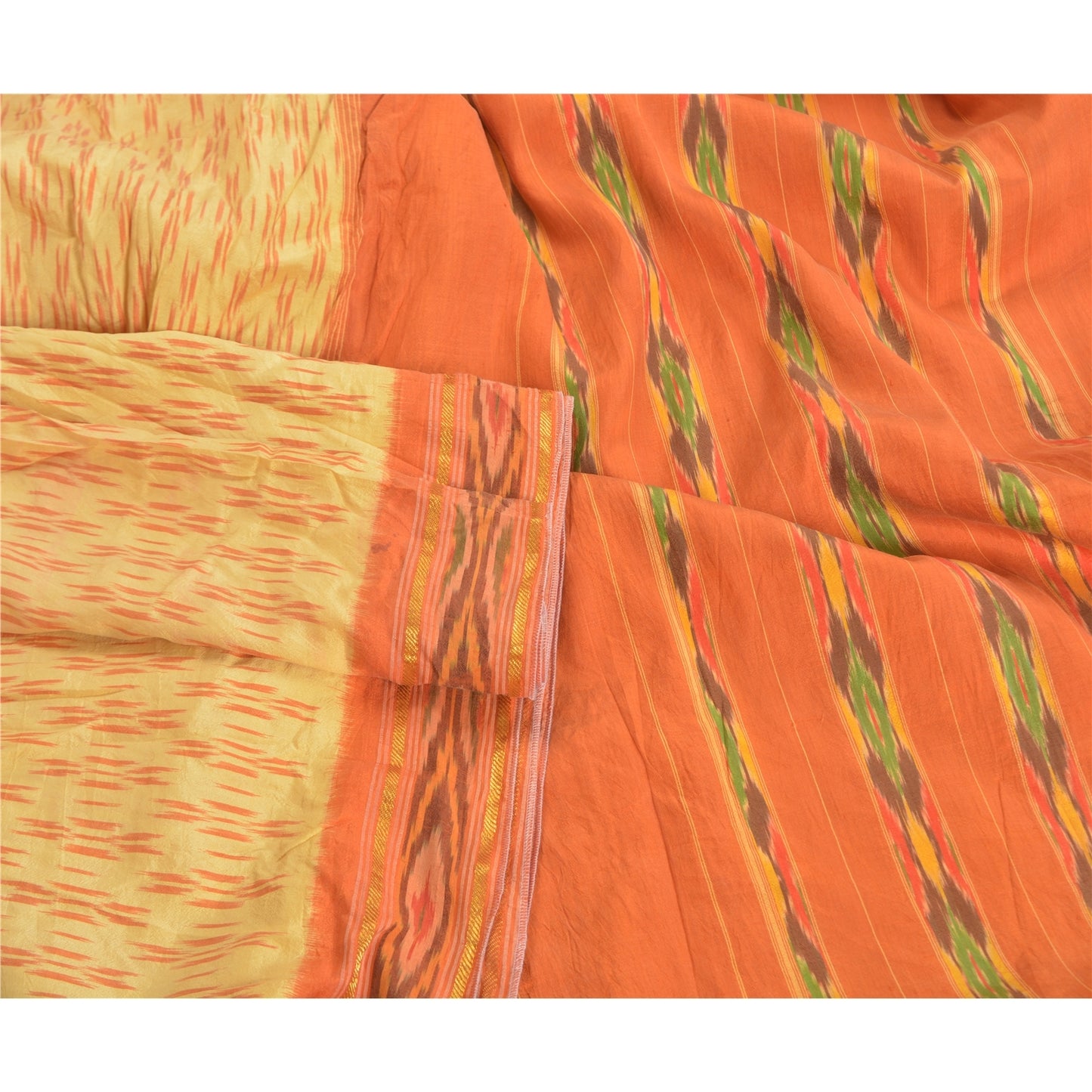 Sanskriti Vintage Ivory HandWoven Ikat Pochampally Sarees Pure Silk HeritageSari