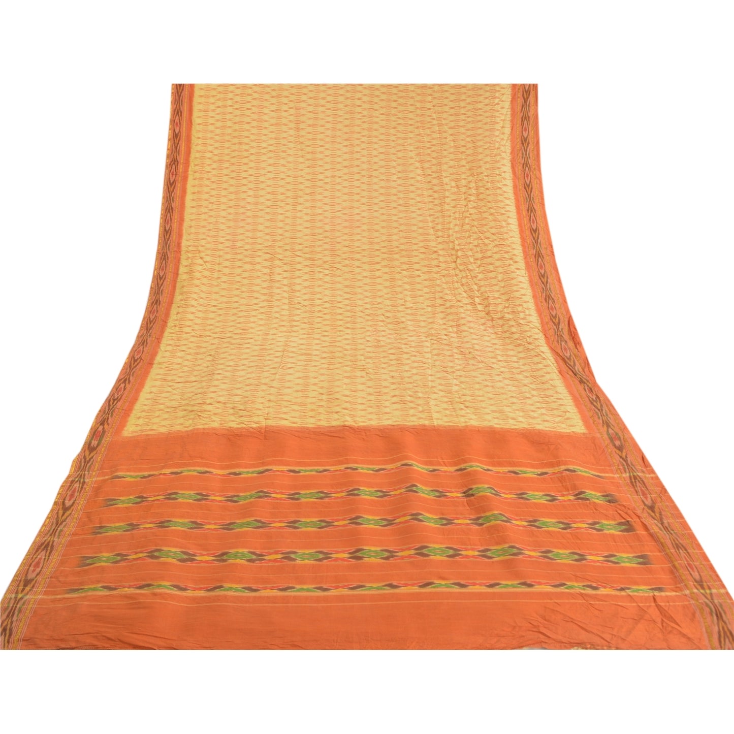 Sanskriti Vintage Ivory HandWoven Ikat Pochampally Sarees Pure Silk HeritageSari