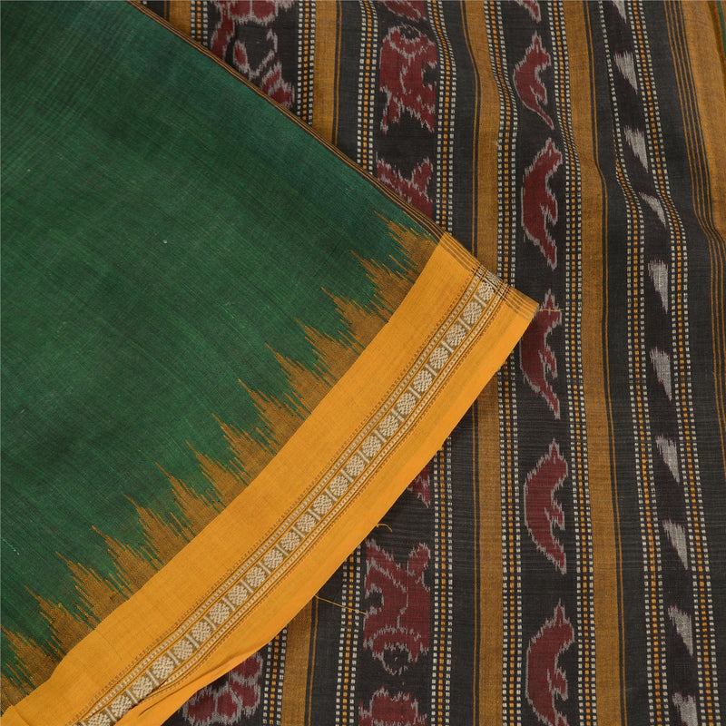 Sanskriti Vintage Saree Green & Yellow Rare Sambhalpuri Animal Handwoven Ikat Saree 100% Pure Cotton 4+ Yard Craft Fabric Decor Supplies