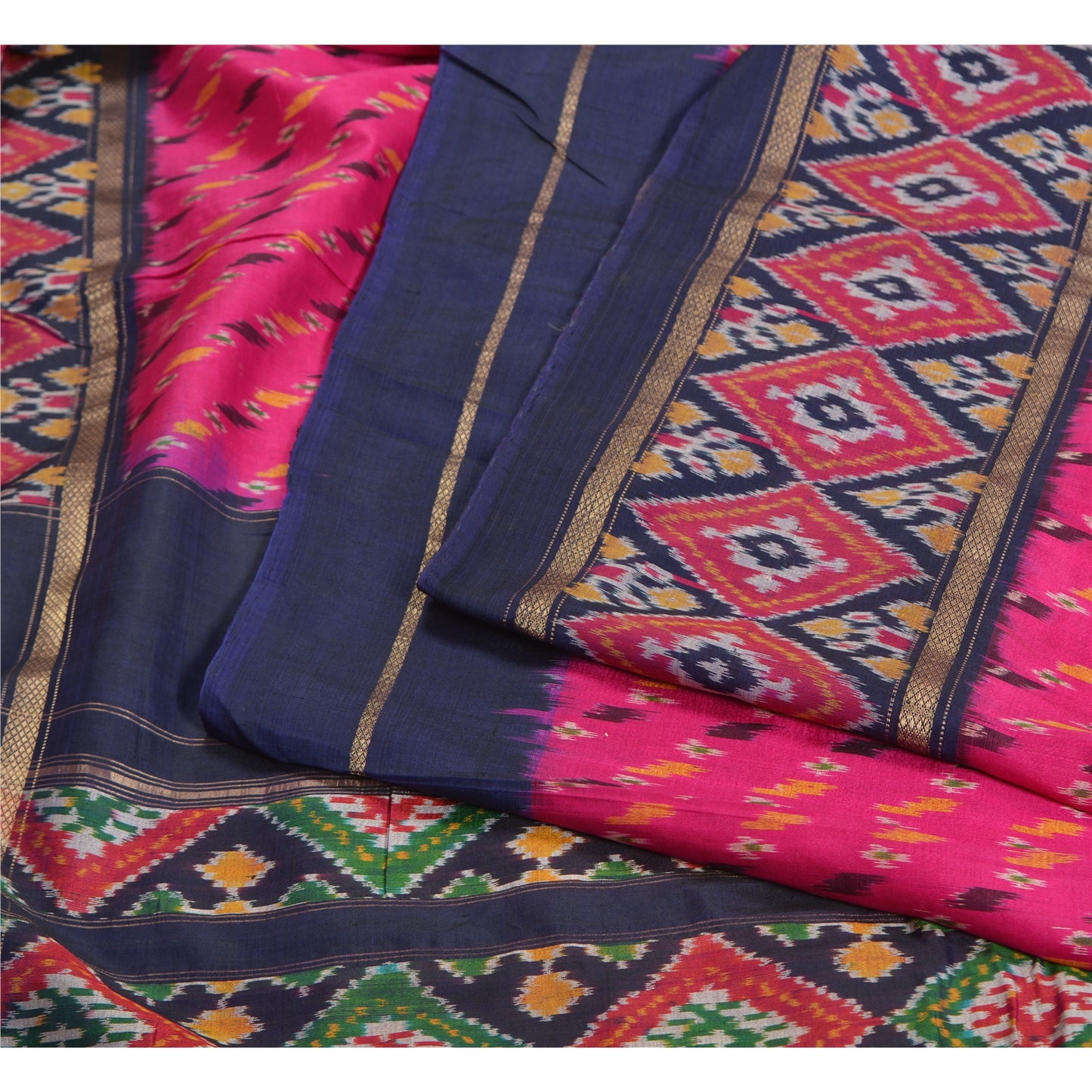 Sanskriti Vintage Saree Pink/Blue Pochampally Handmade Ikat PureSilk Sari Fabric