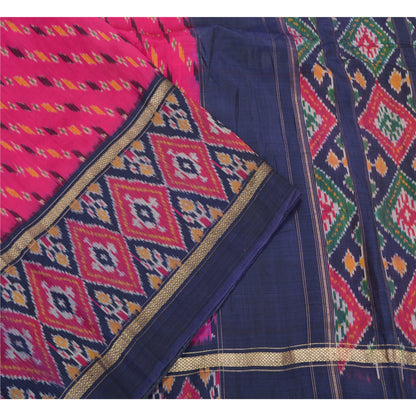 Sanskriti Vintage Saree Pink/Blue Pochampally Handmade Ikat PureSilk Sari Fabric