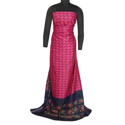 Sanskriti Vintage Saree Pink/Blue Pochampally Handmade Ikat PureSilk Sari Fabric