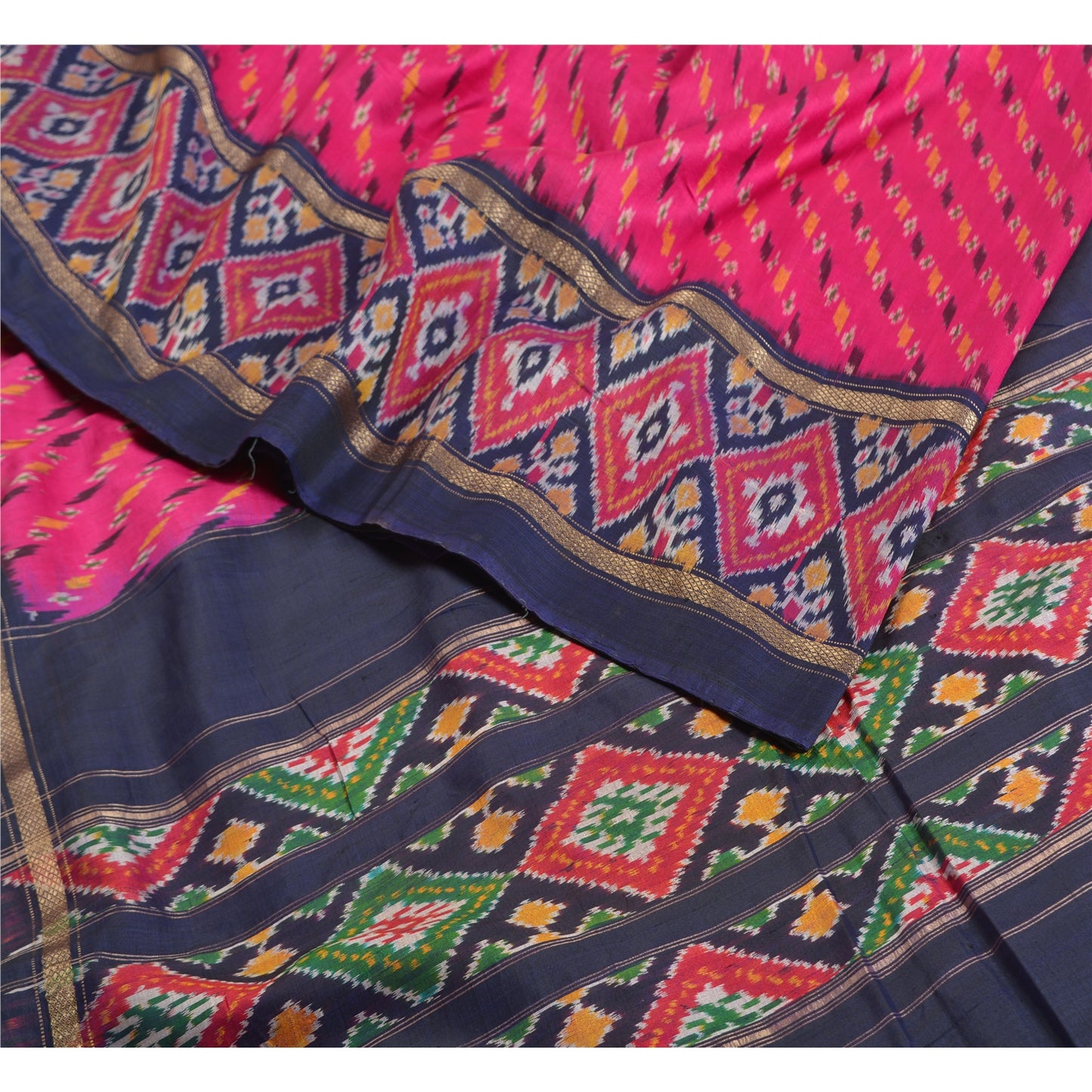 Sanskriti Vintage Saree Pink/Blue Pochampally Handmade Ikat PureSilk Sari Fabric