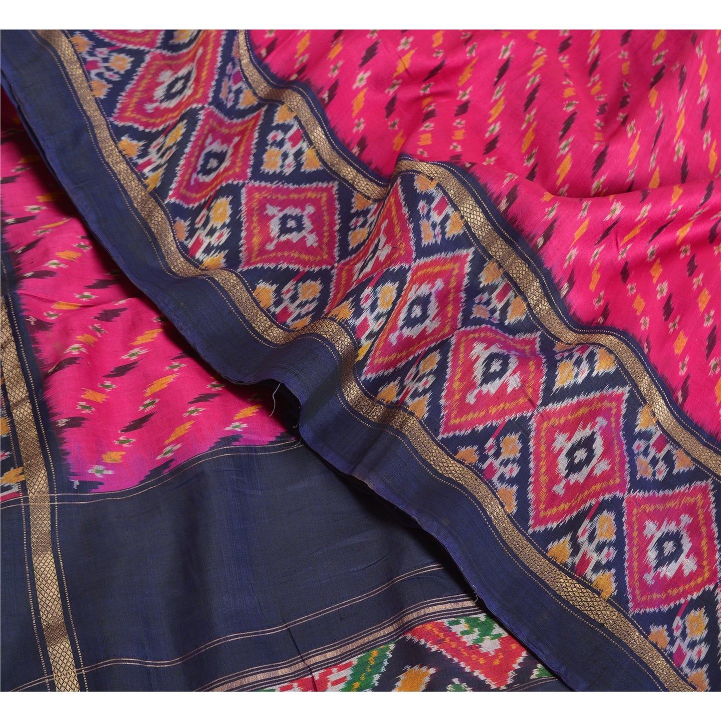 Sanskriti Vintage Saree Pink/Blue Pochampally Handmade Ikat PureSilk Sari Fabric