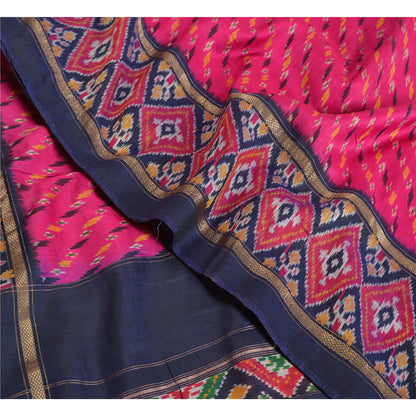 Sanskriti Vintage Saree Pink/Blue Pochampally Handmade Ikat PureSilk Sari Fabric