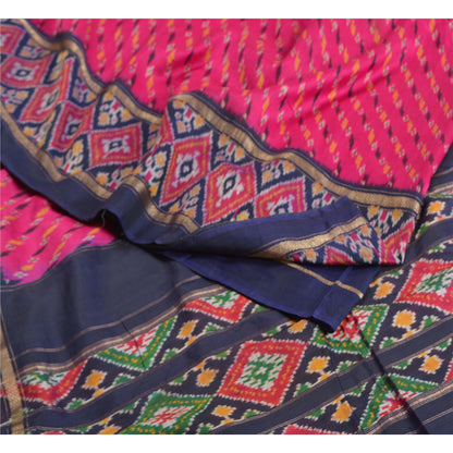 Sanskriti Vintage Saree Pink/Blue Pochampally Handmade Ikat PureSilk Sari Fabric