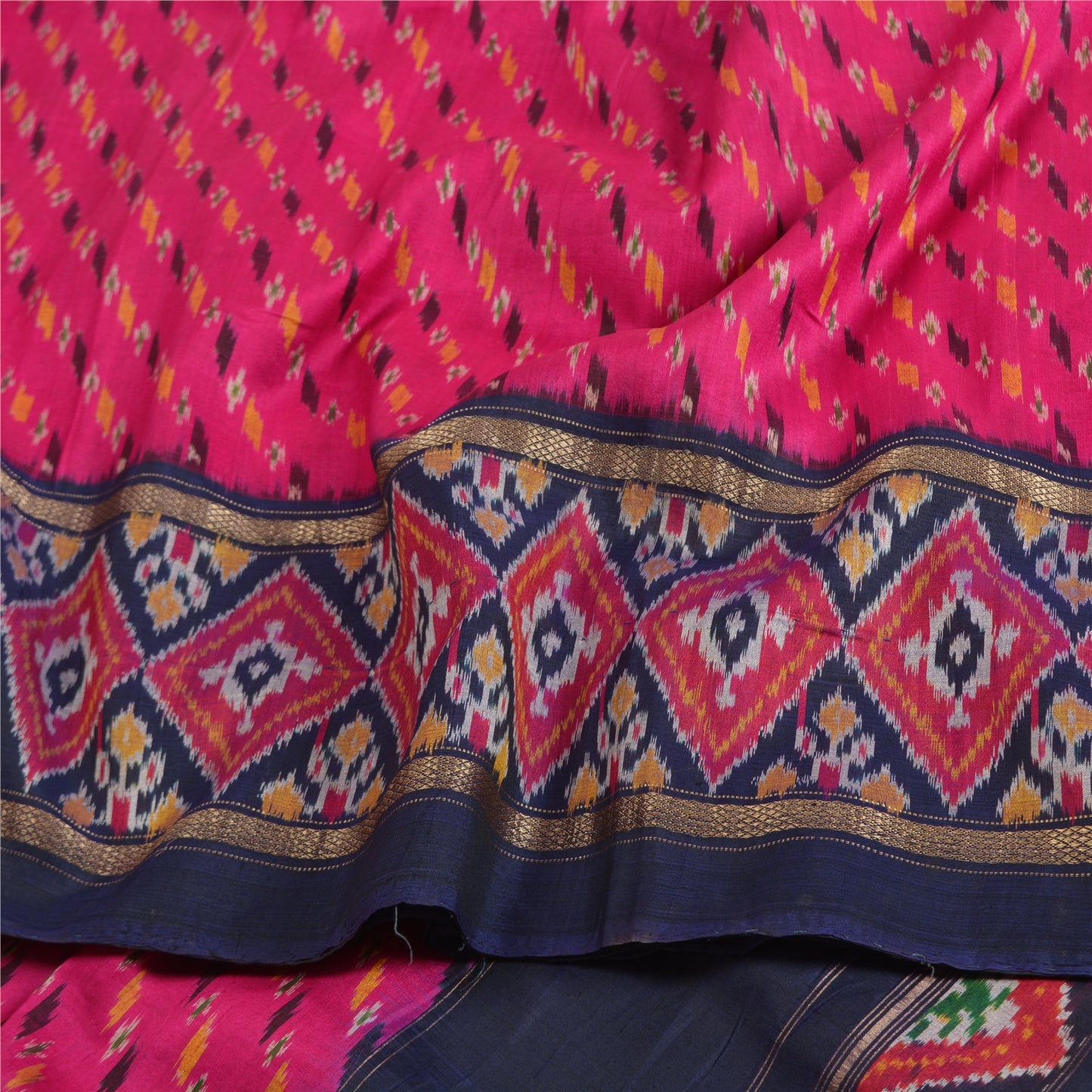 Sanskriti Vintage Saree Pink/Blue Pochampally Handmade Ikat PureSilk Sari Fabric
