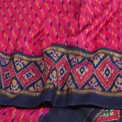 Sanskriti Vintage Saree Pink/Blue Pochampally Handmade Ikat PureSilk Sari Fabric