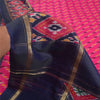 Sanskriti Vintage Saree Pink/Blue Pochampally Handmade Ikat PureSilk Sari Fabric