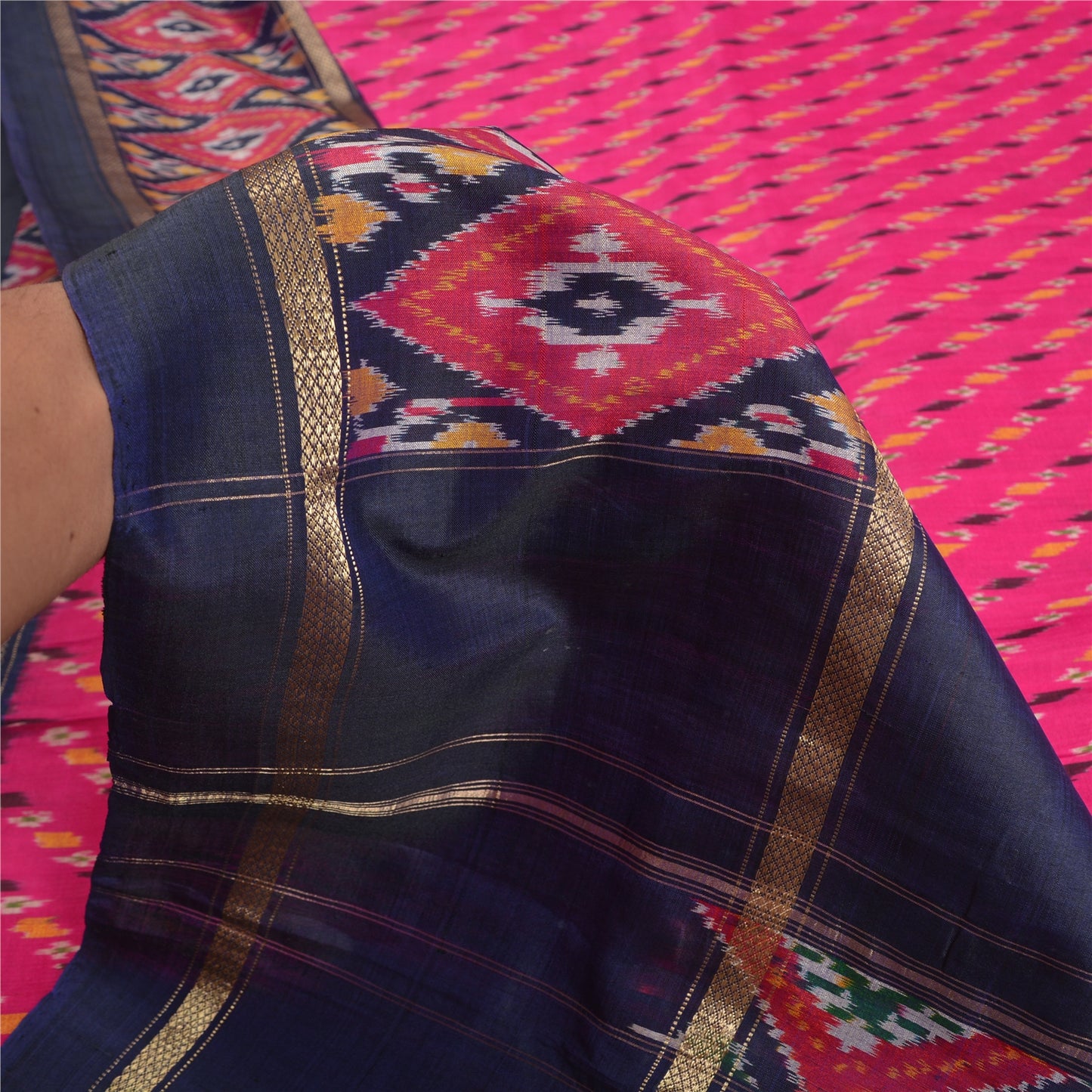 Sanskriti Vintage Saree Pink/Blue Pochampally Handmade Ikat PureSilk Sari Fabric