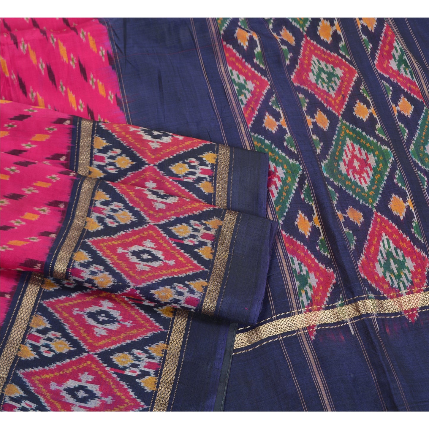 Sanskriti Vintage Saree Pink/Blue Pochampally Handmade Ikat PureSilk Sari Fabric