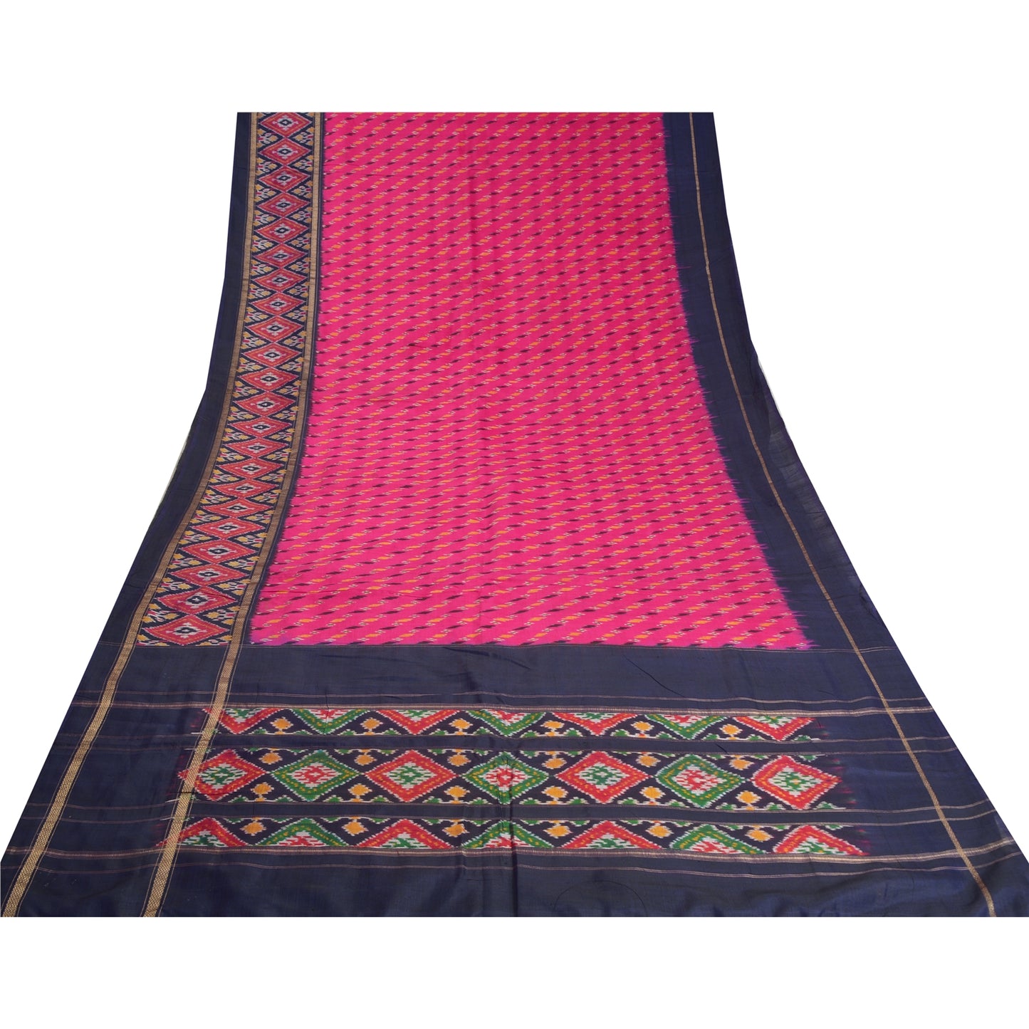 Sanskriti Vintage Saree Pink/Blue Pochampally Handmade Ikat PureSilk Sari Fabric