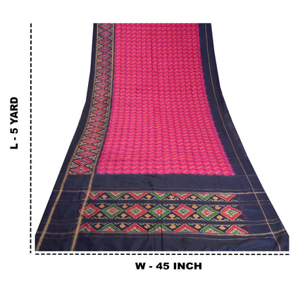 Sanskriti Vintage Saree Pink/Blue Pochampally Handmade Ikat PureSilk Sari Fabric