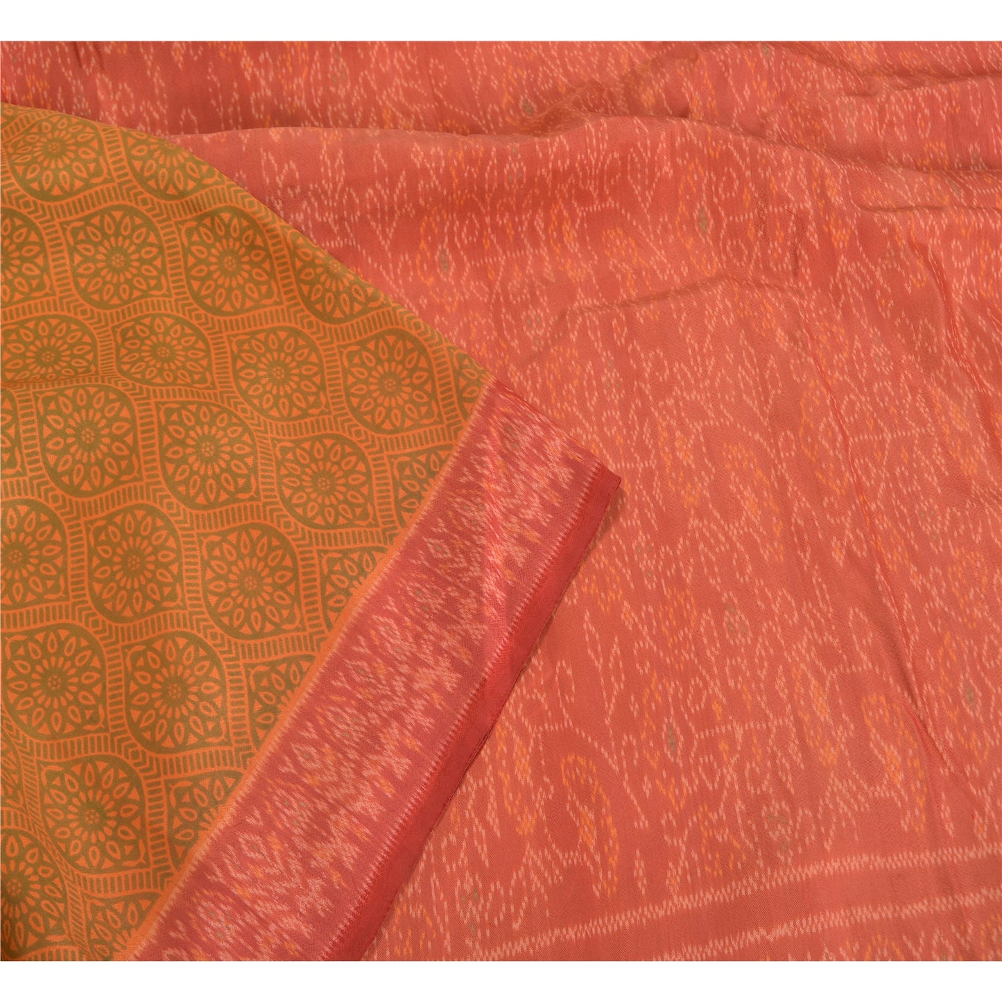 Sanskriti Vintage Saree Indian Green Hand Woven Ikat Pure Silk Sari 5yd Sustainable Fabric