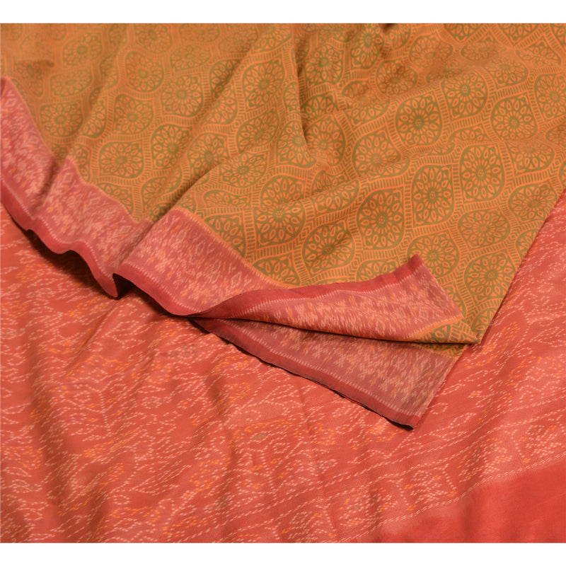 Sanskriti Vintage Saree Indian Green & Salmon Pink Hand Woven Ikat 100% Pure Silk Sari 5Yd Craft Fabric Sustainable Ethnic Dress Meterial