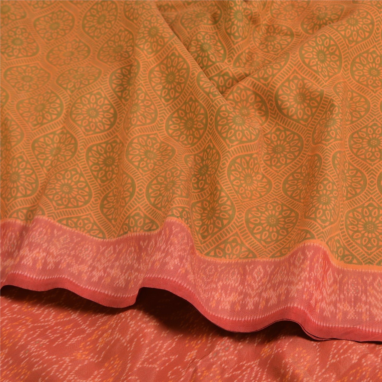 Sanskriti Vintage Saree Indian Green Hand Woven Ikat Pure Silk Sari 5yd Sustainable Fabric